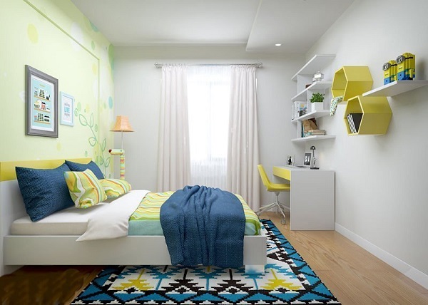 Thiết kế phòng ngủ con trai với gam màu nhẹ nhàng kết hợp hình khối