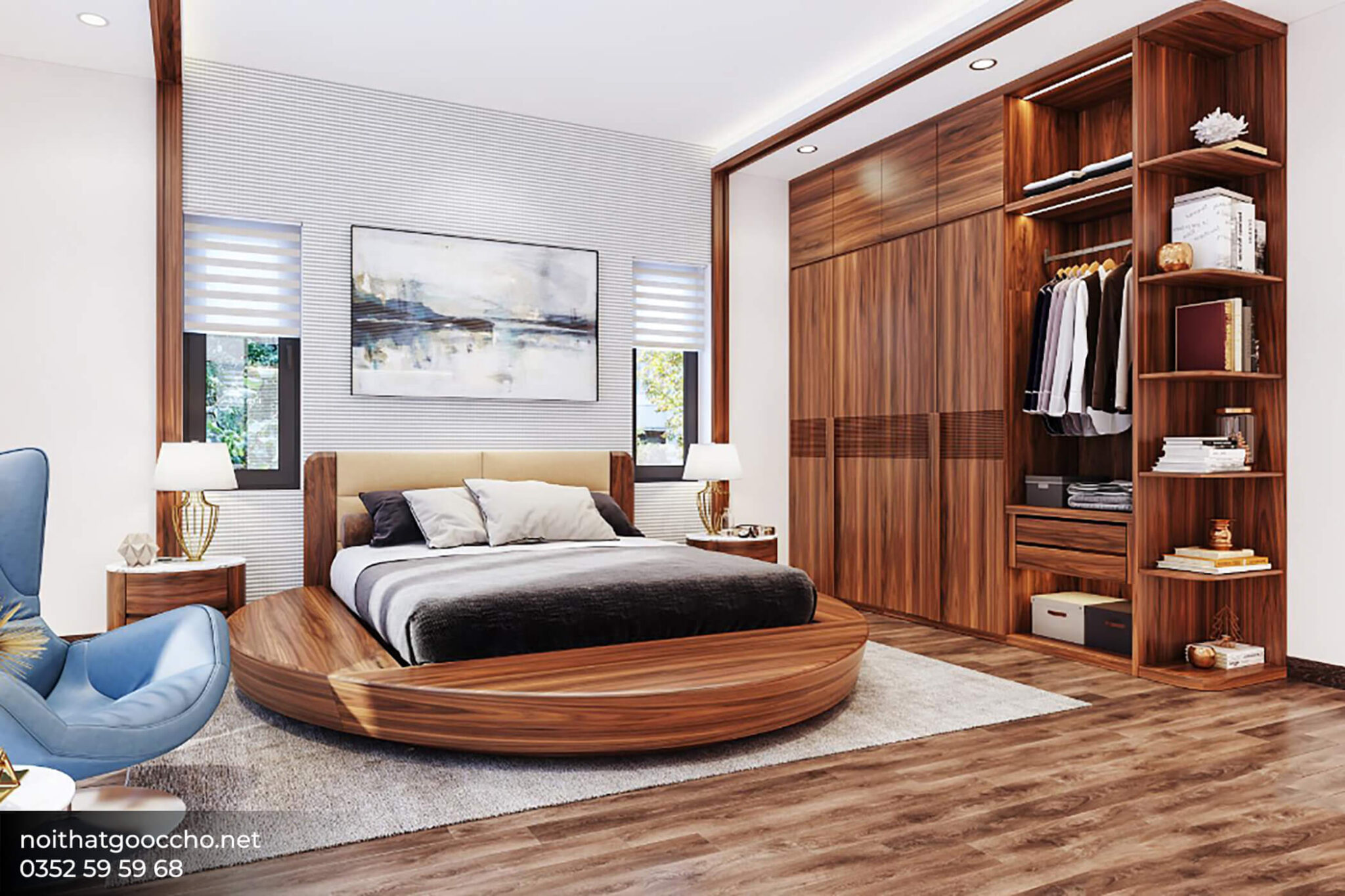 mẫu thiết kế nội thất phòng ngủ gỗ óc chó